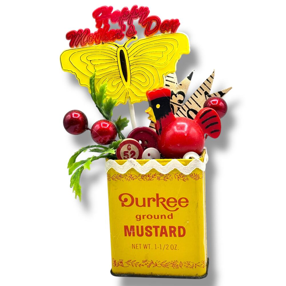 Floral Kitschy Spice Tin Mothers Day Assemblage - MCM Little People Chicken